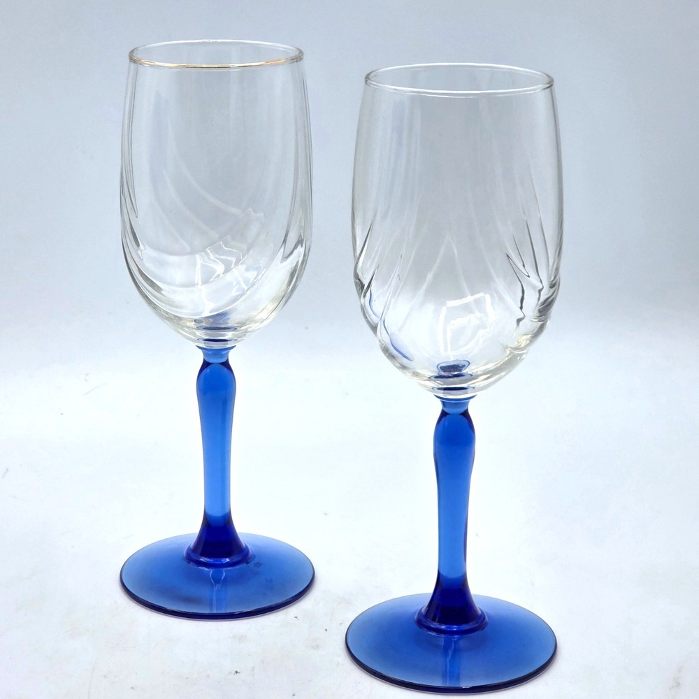 Lenox Cobalt Blue Stem Wine Glasses Goblets 8" Swag Drape Gold Rim 8 oz set of 2